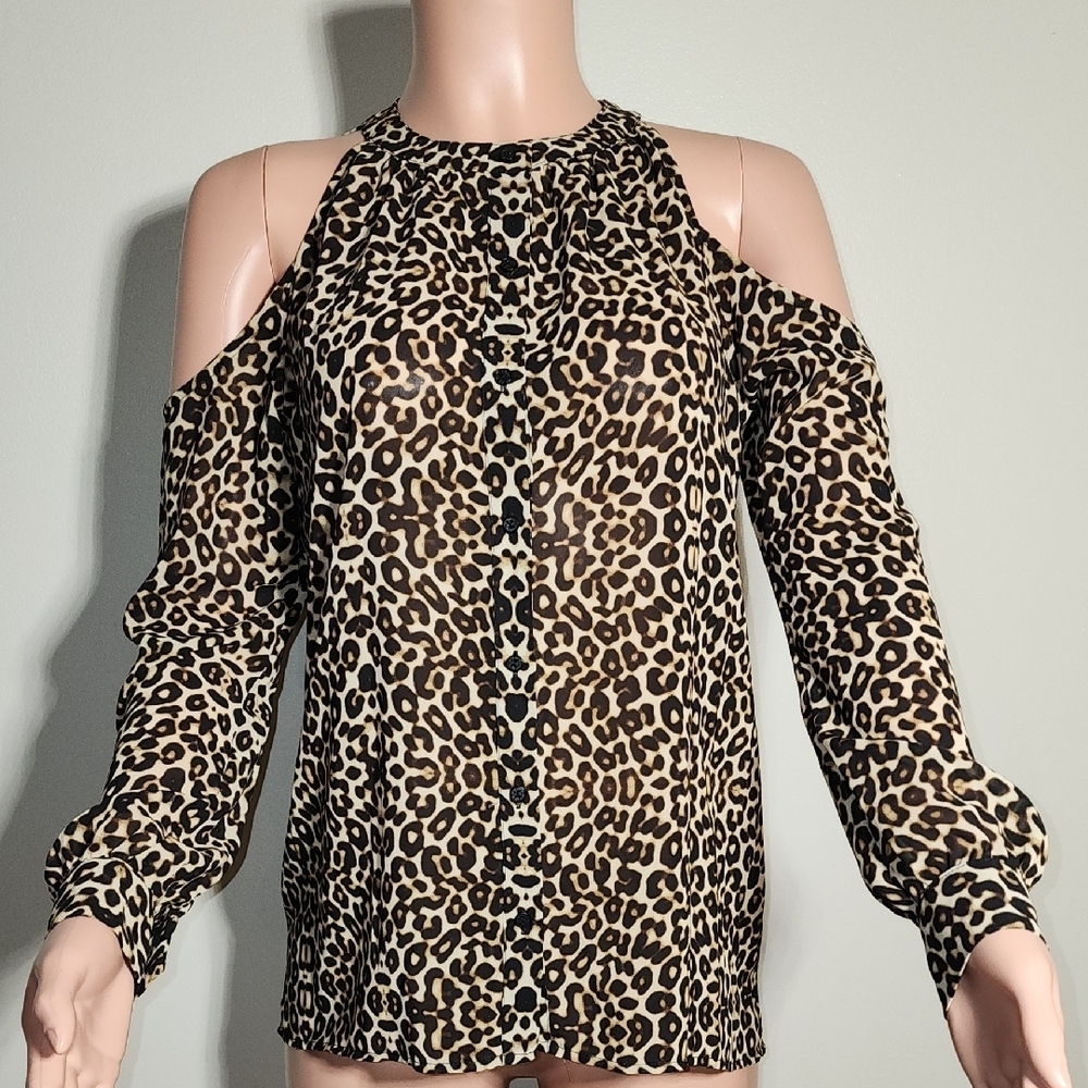 Nicole Miller Leopard Print Cold Shoulder Blouse